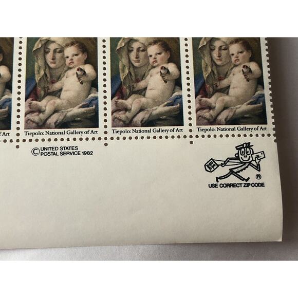 Vintage 1982 USPS Block of 20 Mr Zip 20c MNH Christmas Madonna & Child Tiepolo - Picture 5 of 6